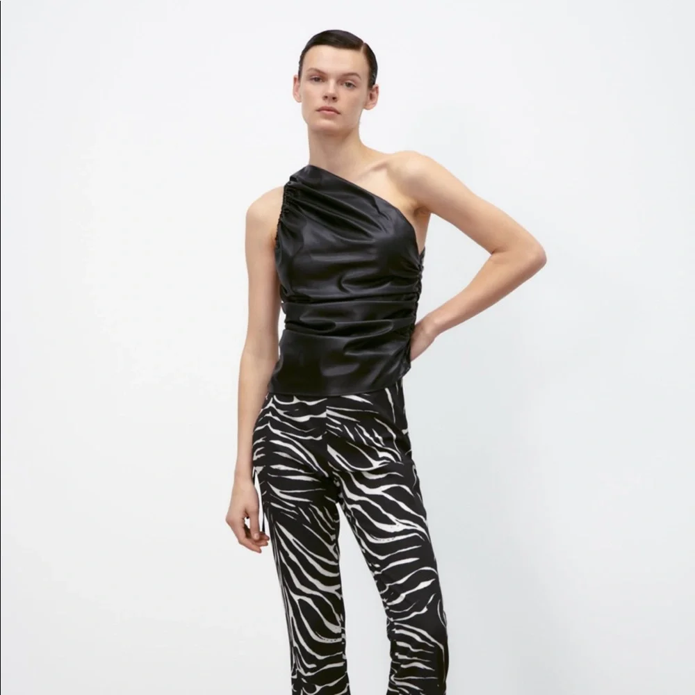 Zara | Tops | Iso Zara Faux Leather One Shoulder Top Sleeveless | Poshmark